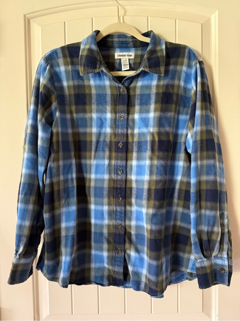 Lands' End Women's Boyfriend Long Sleeve Flannel Blue Vintage Plaid